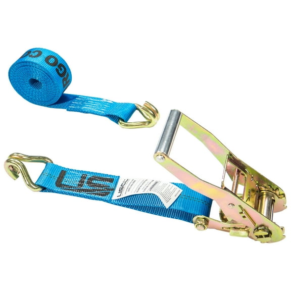 US Cargo Control 2 Inch Wide x 18 Foot Long Heavy Duty Ratchet Strap with J Hooks, Blue Weather Resistant Webbing, 3,333 Pound Working Load Limit