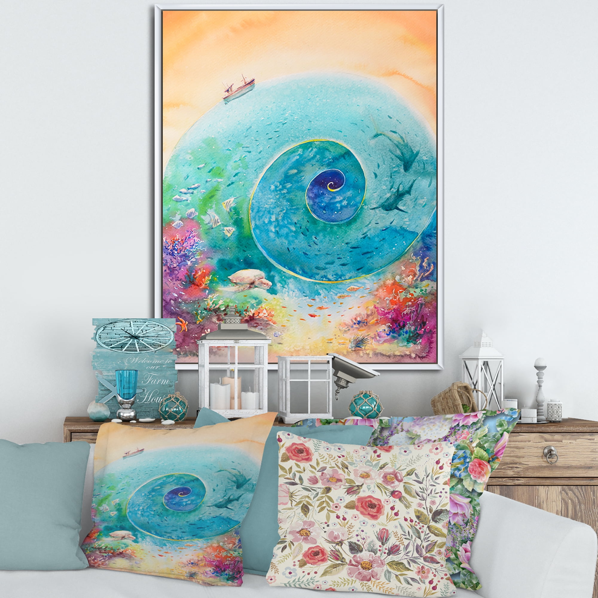 Designart 'Coral Reef Fishes With Turquoise Ocean Spiral' Nautical & Coastal Framed Canvas Wall Art Print