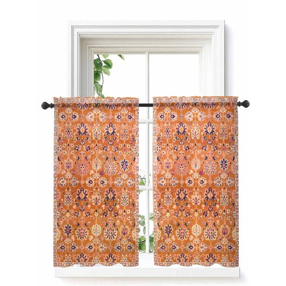 Boho Orange Curtains 54 Inch Length,Sheer Curtains for Bedroom Living Room Window Country Style Bohemian Floral Retro Tribal Rod Pocket Drapes Kitchen Curtains Small Half Window 42"x54" 2 Panels