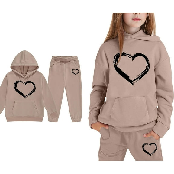 LIUYUNNN Toddler Tracksuit Sets 2PC Long Sleeve Pullover Khaki Heart Tracksuit Hoodie Sweatpants Set Winter Clothes Teen Girls Trendy Clothes 2-3 Years Boys Girls Autumn and Winter Outfits
