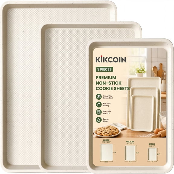 Kikcoin 3-Piece Nonstick Baking Sheets, Carbon Steel Cookie Sheet Set with Diamond Texture, Heavy Duty Baking Pans for Oven, Beige