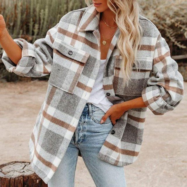 Womens Casual Plaid Shacket Wool Blend Button Down Long Sleeve Shirt Fall Jacket Shackets