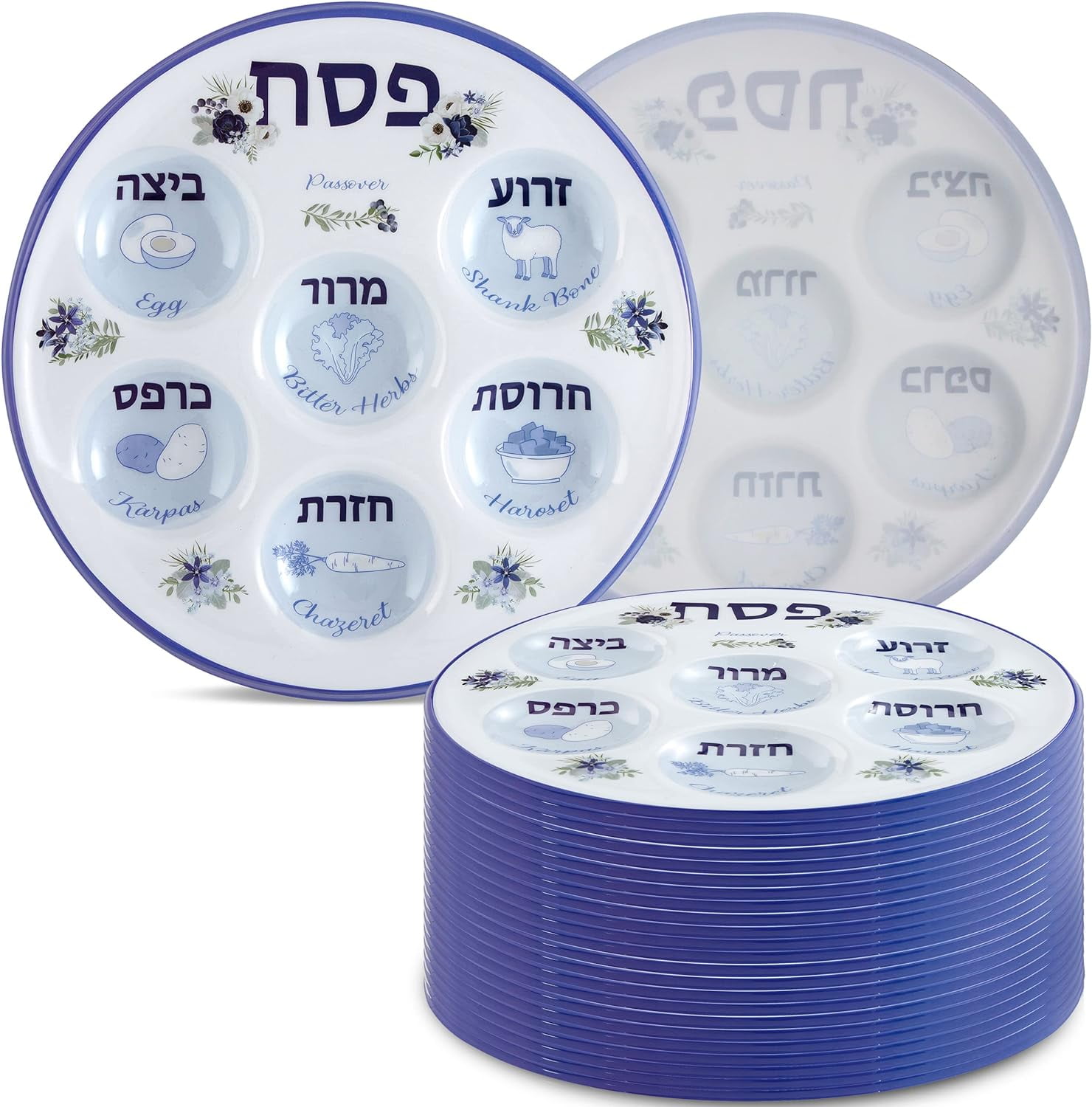 Aviv Judaica Bulk Pack Disposable Passover Seder Plates 10" Round Passover Trays Floral Design 6 Compartment Passover Plate Durable Plastic Communal Seder Table Decorations (24-Pack)