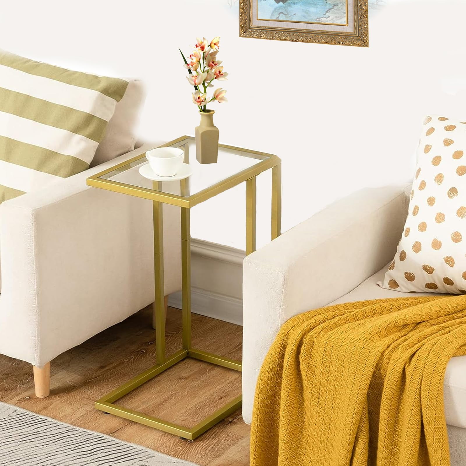 C-Shaped End Table, Side Table for Couch,Sofa Snack Table with Tempered Glass & Metal Frame,Small TV Tray Table for Small Space,Living Room, Bedroom, Bedside,Modern Style, Gold