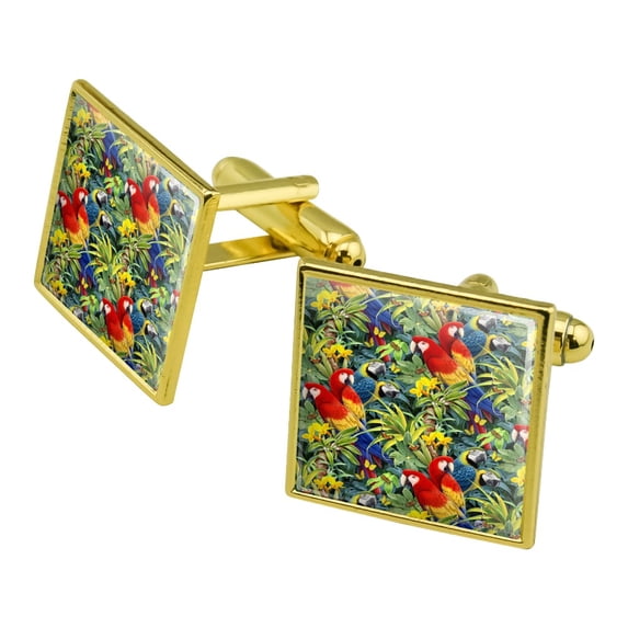 Majestic Macaws Colorful Rainforest Pattern Square Cufflink Set - Silver or Gold