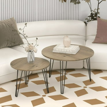 27.56'' Round Nesting Coffee Table Set of 2, Circular Nesting End Table Set, Round Wooden Tabletop, and Sturdy Metal Base for Living Room, bedroom, Brown