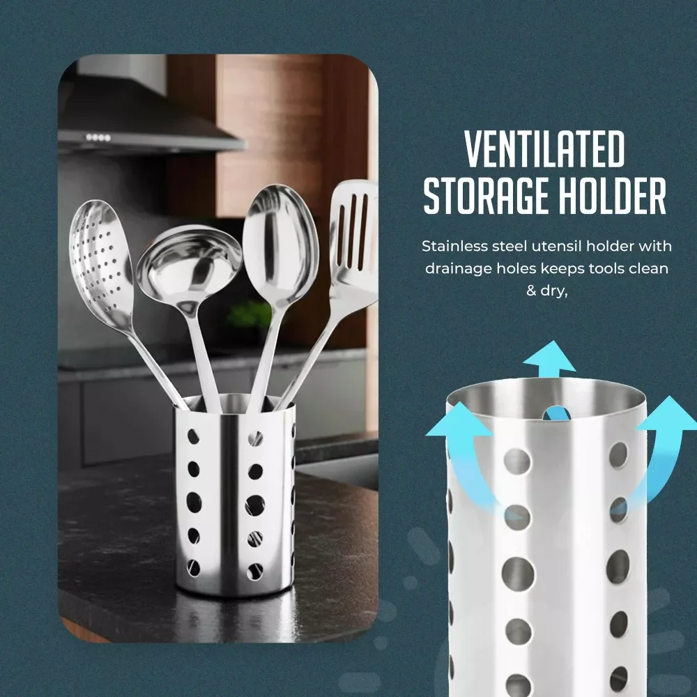 Stainless Steel Kitchen Utensil Set with Holder, 5-Piece Heat Resistant Kitchen Tools Set, Includes Ladle, Skimmer & Serving Spoon, Nonstick Cookware