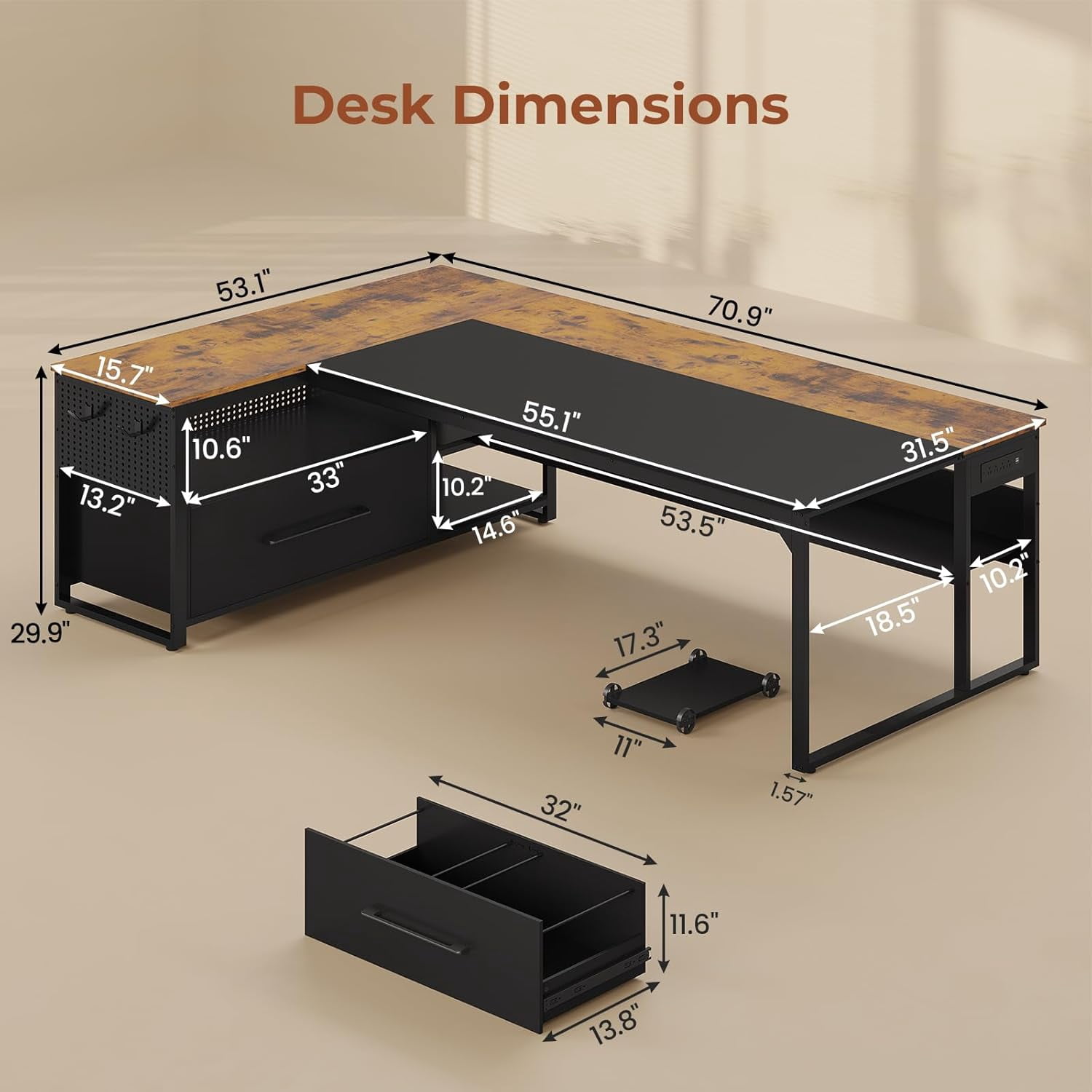71" Executive Desk, Large Office Desk with Widen File Drawers & Power Outlets, Reversible L Shaped Computer Desk Corner Desk with Storage Shelves, CPU Stand, Hooks, Business Furniture