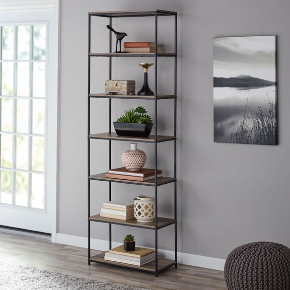 Mainstays Metal Frame 6 Shelf Bookcase, Brown/Black