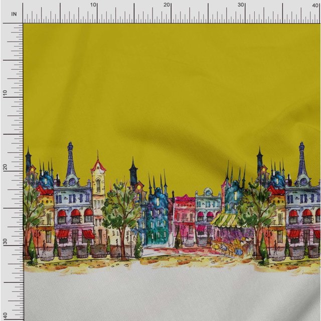 Soimoi Polyester Crepe Fabric Buildings Panel Printed Craft Fabric by The Yard 42 Inch Wide