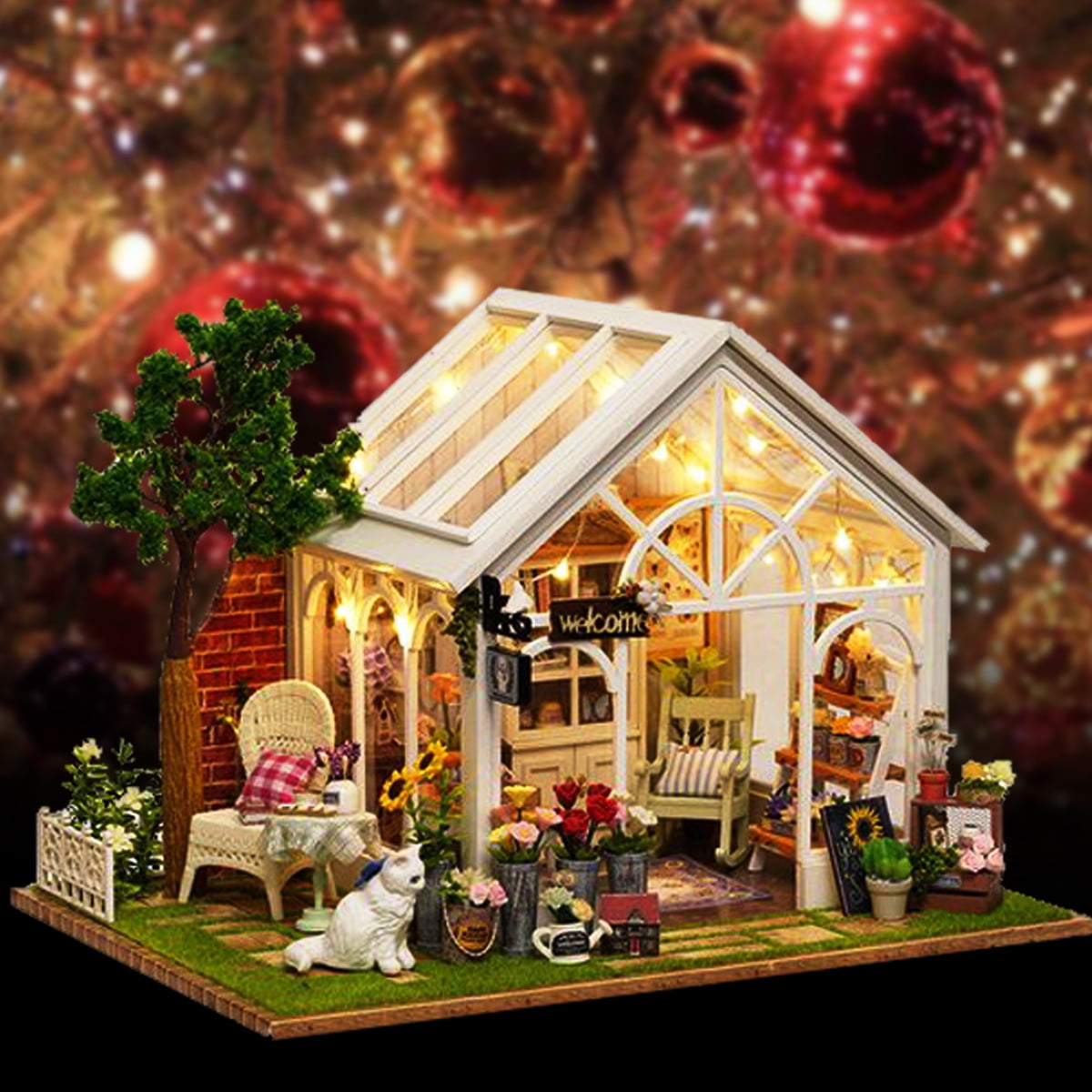 Country Wooden Dollhouse DIY Miniature Furniture Kit Light Child Christmas Gift