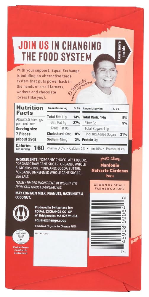 (Pack of 10), Equal Exchange Organic Dark Chocolate Whole Almond & Sea Salt Bar, 3.5 oz