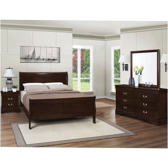 JERFIT 4-Piece Queen Bedroom Set in Cappuccino Finish, Wood Dresser, Nightstand & Mirror, Traditional Louis Philippe Style Bedroom Furniture