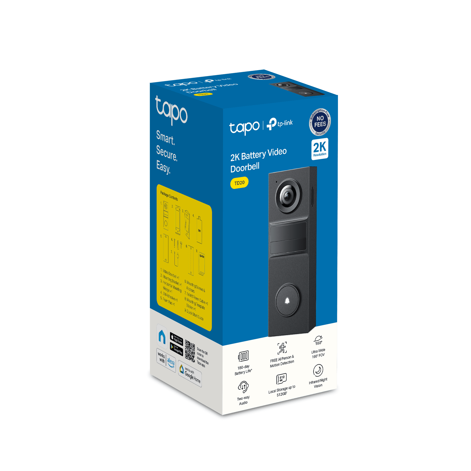 TP-Link Tapo TD20 Smart Wireless Video Doorbell, 2K Live View, 160° Wide Angle Field of View, AI Detection,  Subscription Not Required - TD20