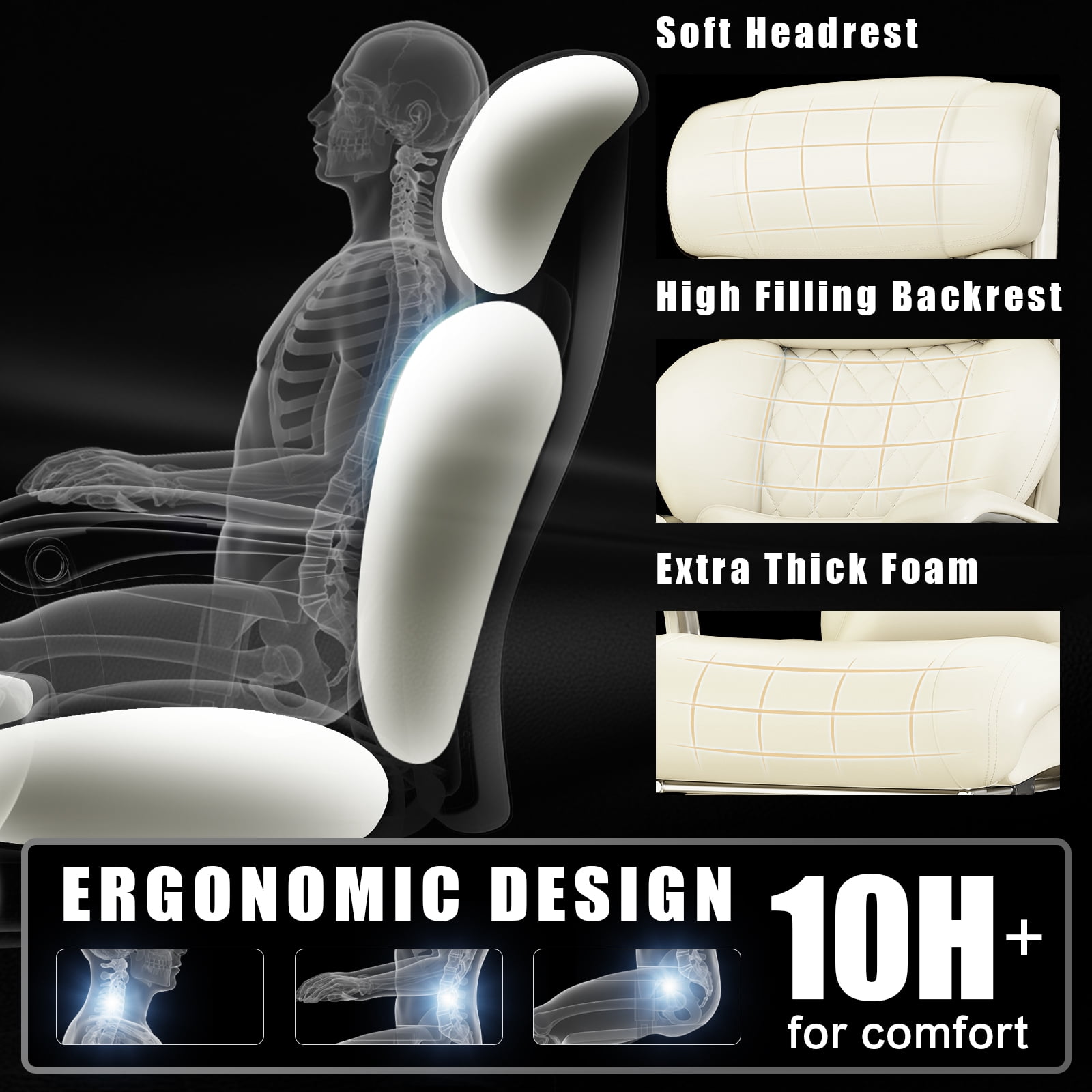 Big and Tall 700LBS Heavy Duty Executive Office Chair with Metal Base, Linkage Armrest, Footrest, Extra Thick Wide Cushion, Silent Rubber Wheels, Cream