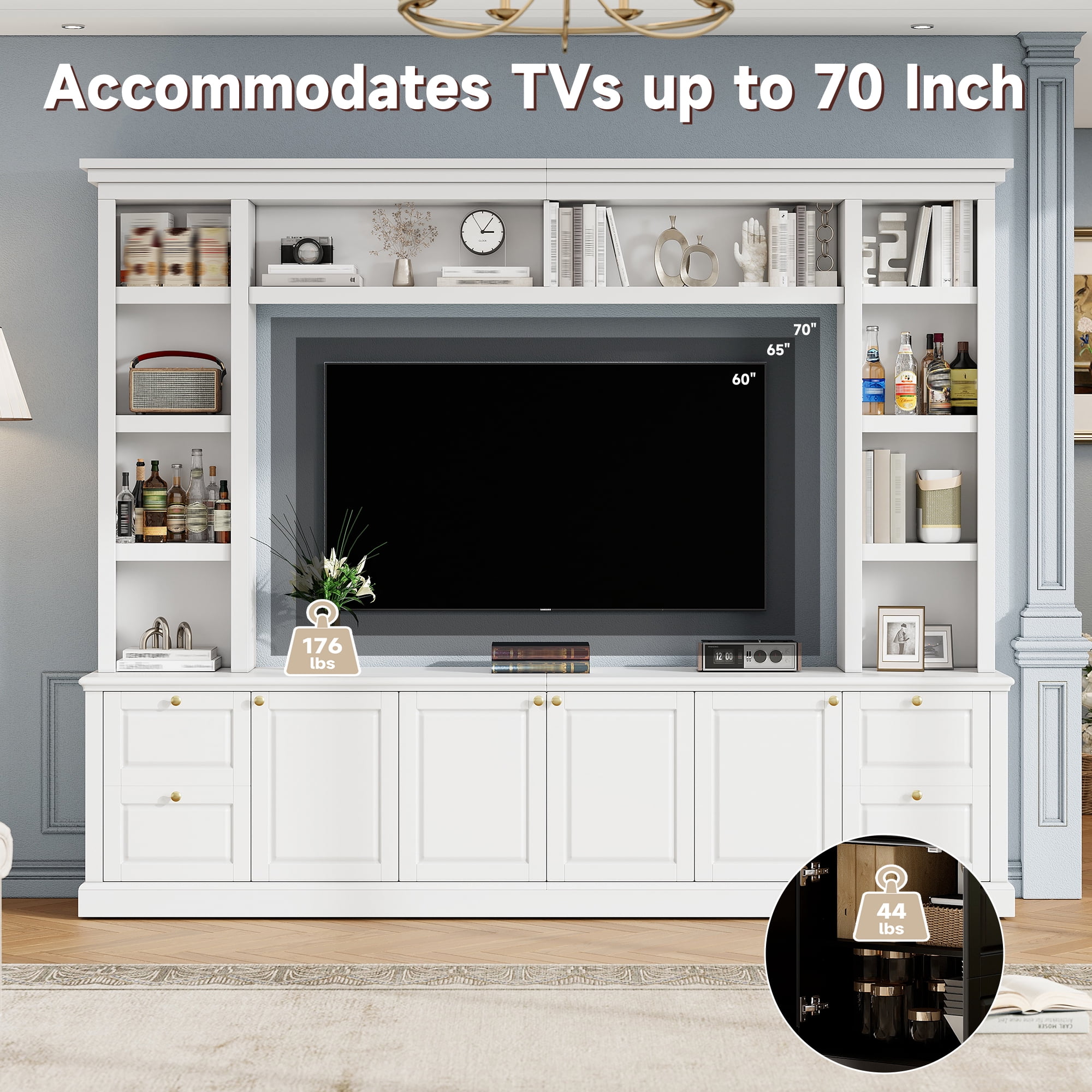 Euroco Modern TV Stand with Bookcase for TVs up to 70 inch, Entertainment Center with 3 Adjustable Shelves, for Living Room, Display Storage Cabinet, Ample Storage Space TV Stand