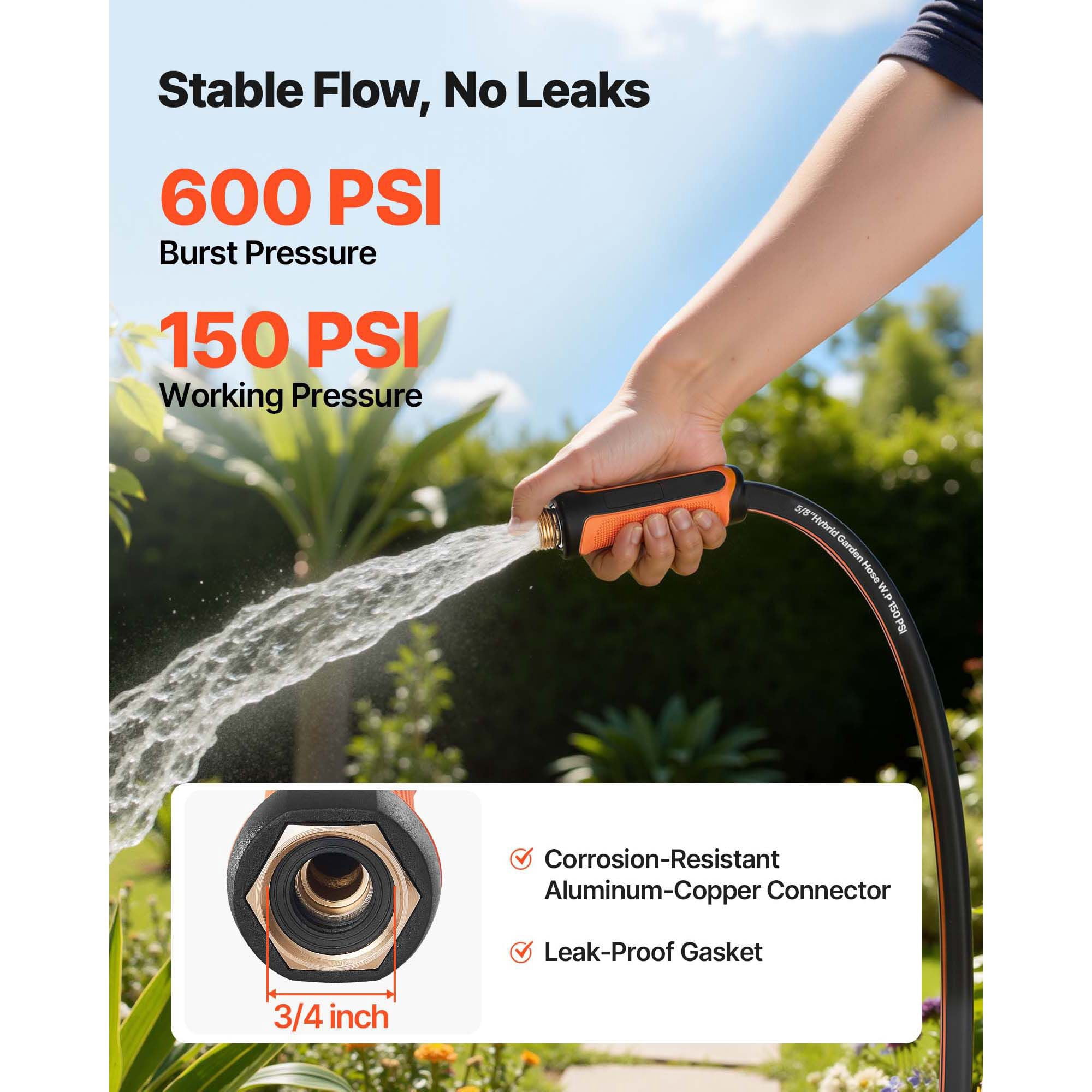 Garden Hose 25ft 5/8 Inch Heavy Duty 4-Layer Rubber 600 PSI Burst for Gardening Cleaning