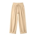 thumbnail image 5 of TtopsQueen Women Textured Loose Casual Pants, Elastic Drawstring High Waist Trousers with Side Pockets, Roll Cuff Breathable Vacation Wide Leg Beach Bottoms Beige,XXL, 5 of 8