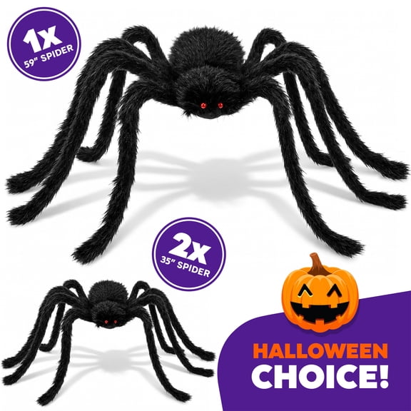 JEEXI Giant Spider Halloween Decorations, 3 Pack Large Hairy Fake Spiders with Bendable Legs and Red Eyes, 1 PCS 59 Inch and 2 PCS 35.4 Inch for Indoor Outdoor Yard Porch Party Decor