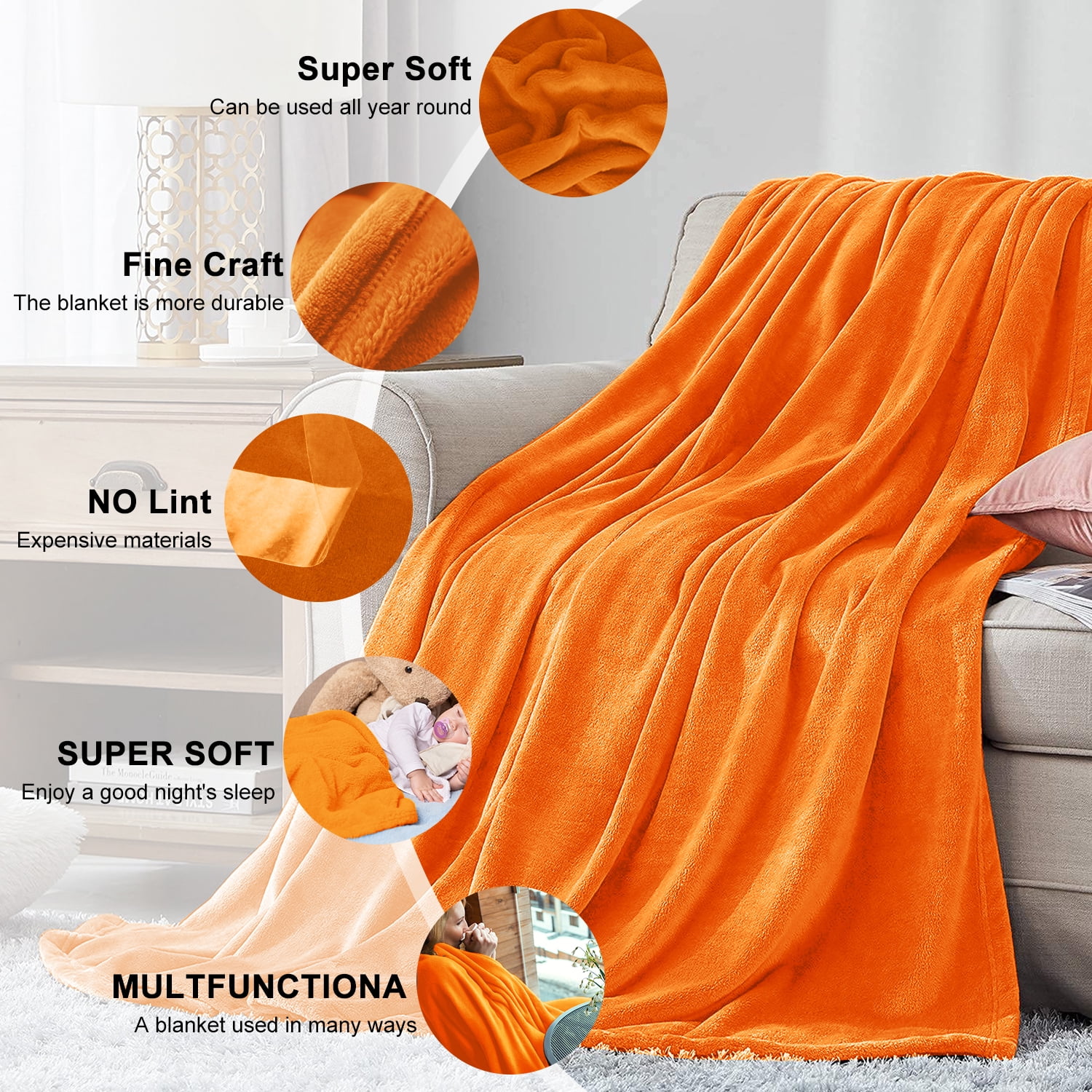 Astarin Throw Blanket Queen Size Orange Blankets Throws for Couch Beds Fuzzy and Cozy Blanket 90x90 inches