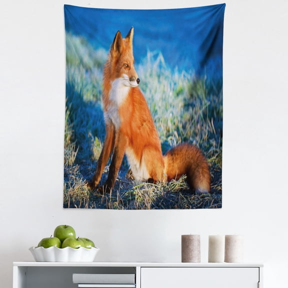 Fox Tapestry, Serene Autumn Field in Cold Morning Animal Nature Scenery Grass Perspicacious, Fabric Wall Hanging Decor for Bedroom Living Room Dorm, 5 Sizes, Blue White Orange, by Ambesonne
