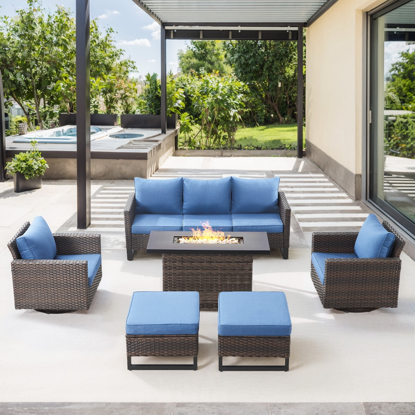 POCASSY 6PCS Outdoor Furniture Set with Fire Pit Table - All Weather Patio Conversation Set with Brown Wicker Outdoor Swivel Chairs and 41" Propane Firepit Table for Balcony, Porch, Garden - Blue