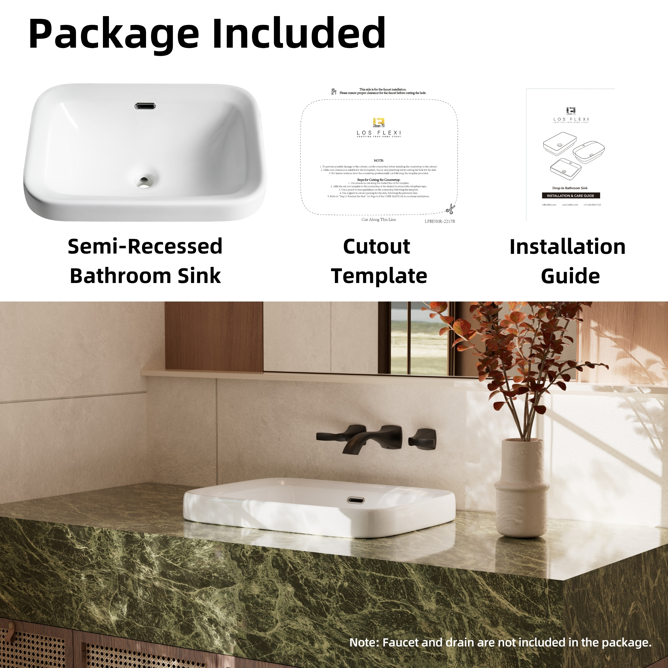 Los Flexi 22 in x 17 in White Rectangular Semi Recessed Bathroom Sink with Overflow Drop In Installation