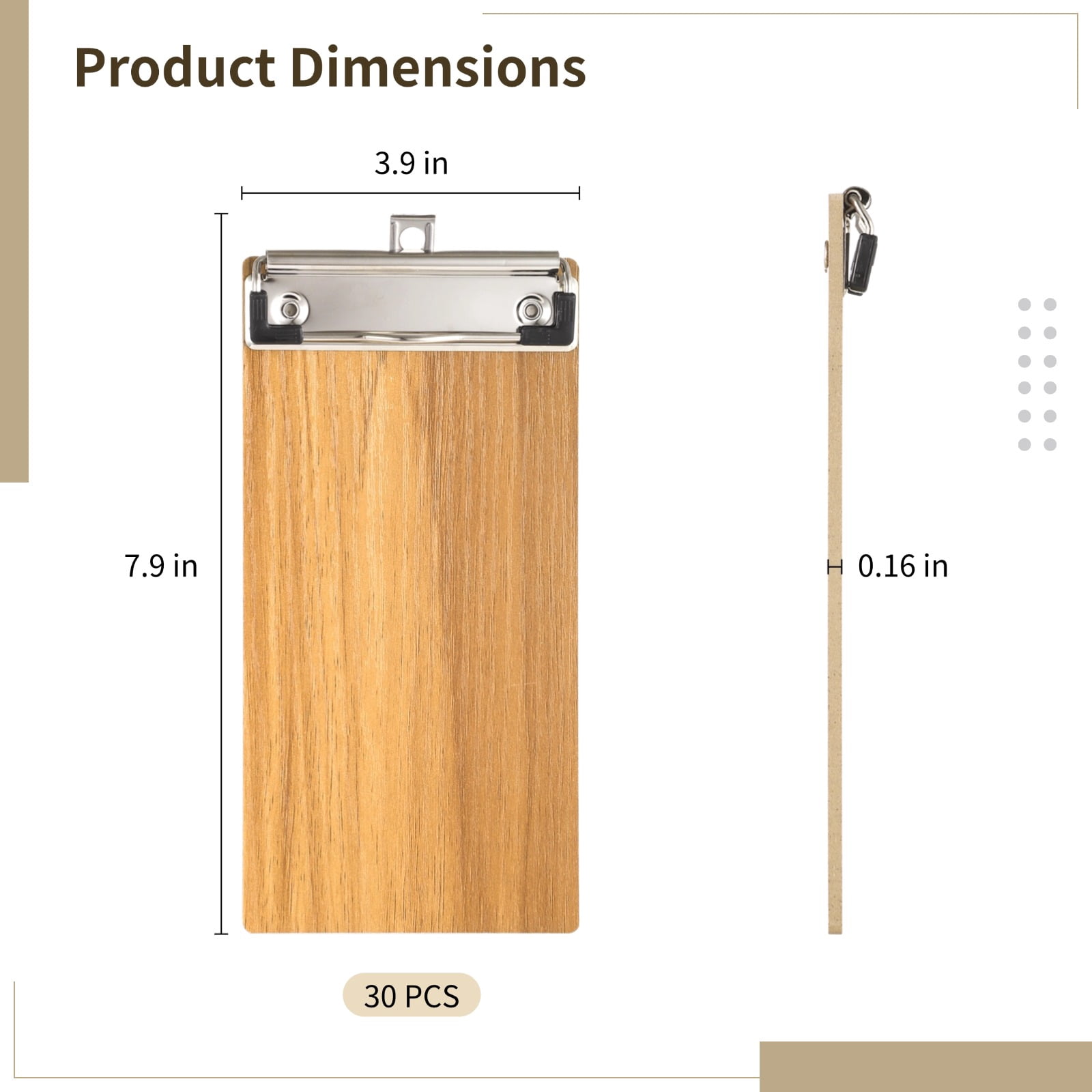 30 Pack Wooden Mini Clipboards (7.9"×3.9") - Bulk Low Profile Clipboards with Retractable Loops for Restaurants, Office, School & Events | Menu Server Holders for Business