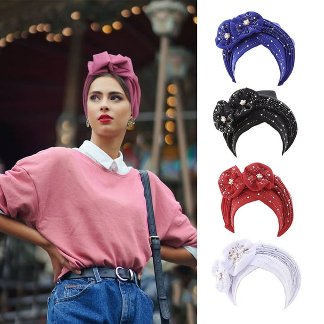stanreset Bonnets Fleurs Scintillantes Strass Femmes Multi-Couches Couvre-Chefs Style Ethnique Soirée Banquet Turban Chapeau Usage Quotidien Rouge