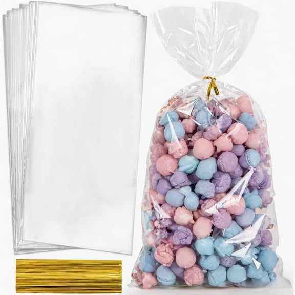 98pcs Clear Cellophane Bags 7X14 Treat Bags with Ties Goodie Bag Clear Gift Bag for Packaging Popcorn Party Favor Cookie Candy Bakery Plastic Gift Wrap