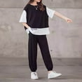 thumbnail image 5 of REORIAFEE Big Girls Summer Outfits Half Sleeve Top and Sporty Pants Patchwork Suits Outfit Solid Color Set Round Neck Cute Summer Spring Clothing 2024 Fashion Trendy Size 140 Black, 5 of 9
