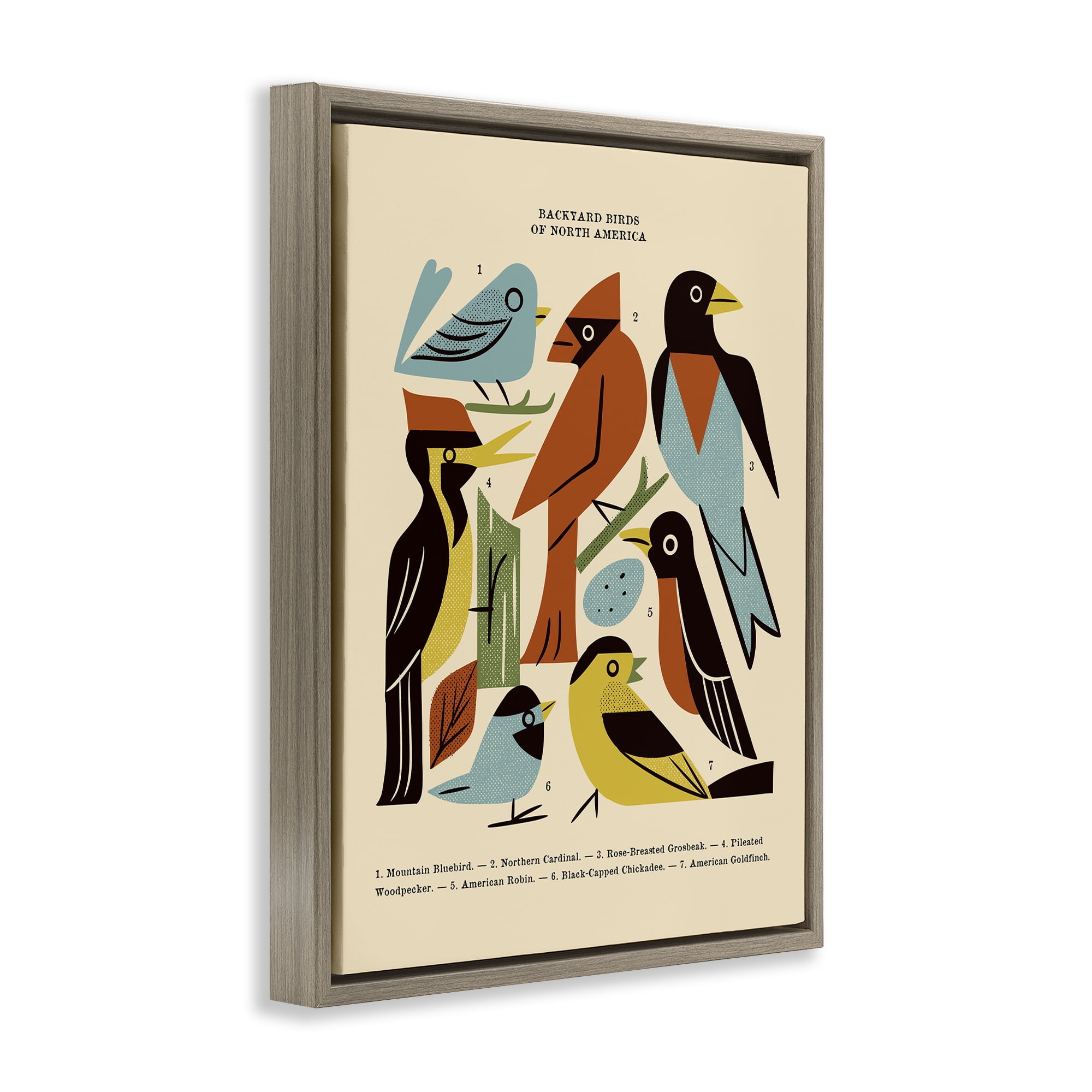 Backyard Birds Midcentury Modern Brown Framed Floater Canvas Wall Art, design by Renea L. Thull
