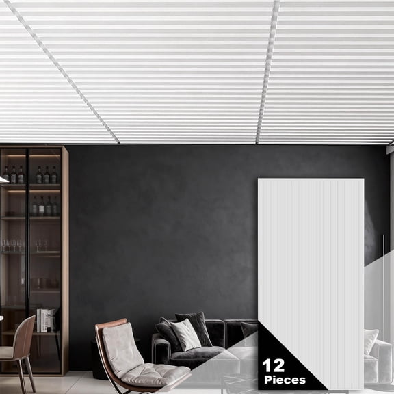 Ceiling Panel 2x4 Feet, PVC Decorative Ceiling Covering Panel, 3D Striped Wall Panel Indoor Wall Decoration, 12 Piece Pack Waterproof Ceiling Panel for Office/Basement/Kitchen/Recording Studio, White