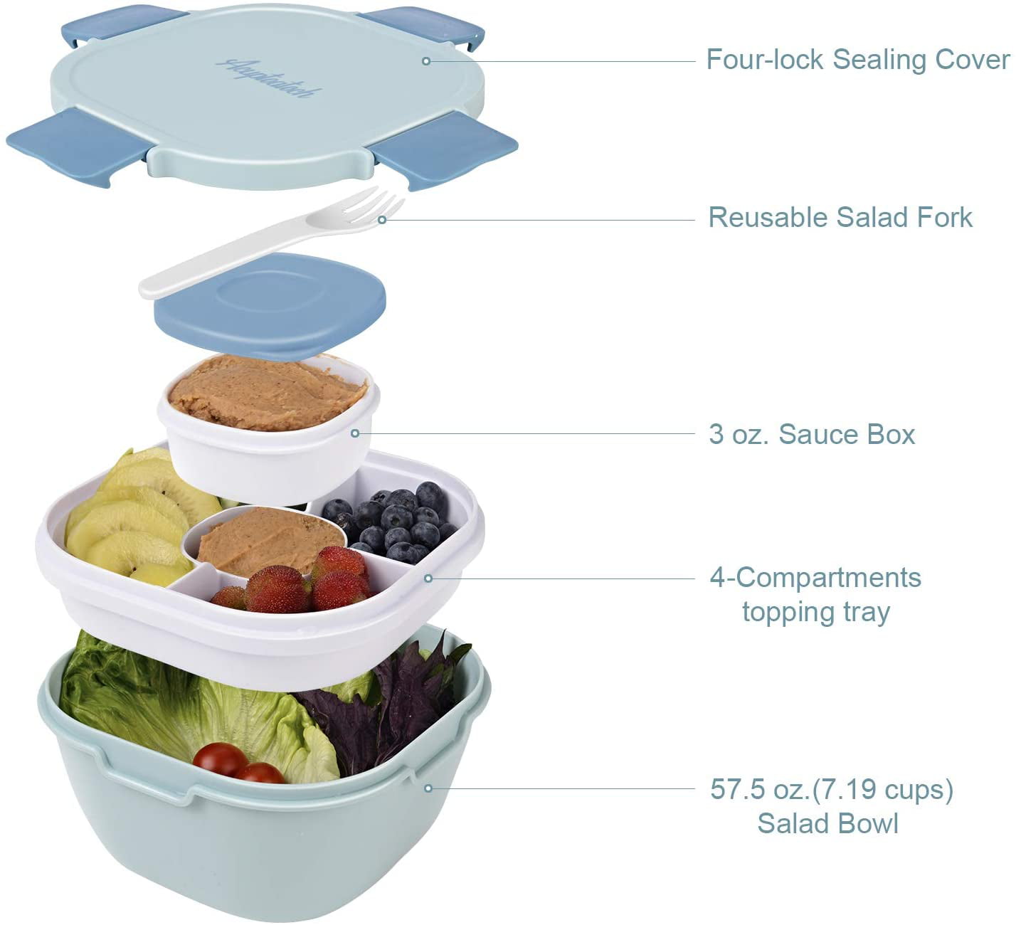 Brand-Umi Salad Bowl Leakproof Lunch Container with Large Capacity Salad Mixing Bowl Blue BPA Free Sauce Container Reusable Cutlery 1700ml 3-Compartment Bento-Style Tray 