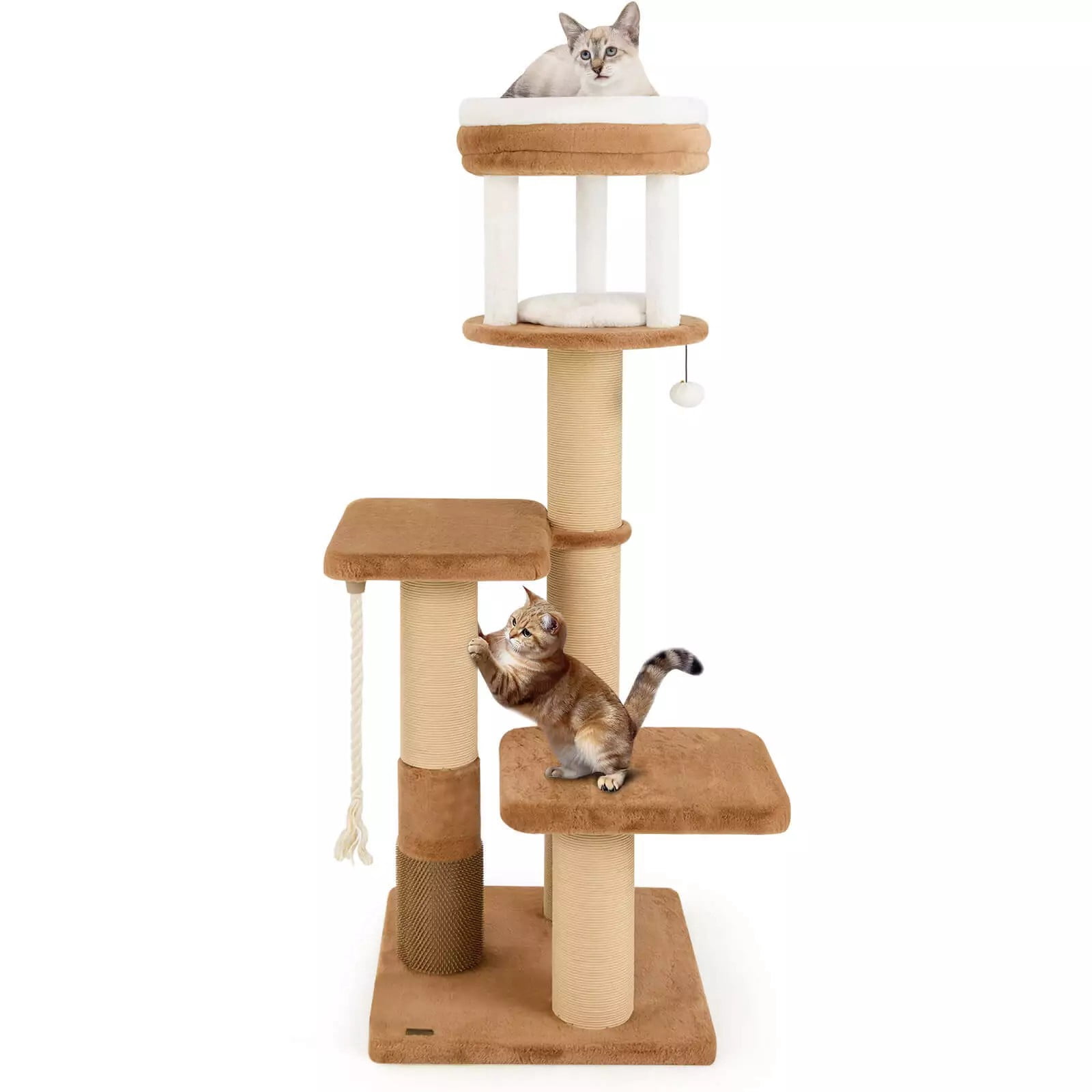 Auranook Cat Tree for Indoor Cats, 65" Tall Kitty Tower with Self-groomer, Padded Perch, Removable Cat Bed, Jumping Platforms, Sisal Rope, Dangling Ball