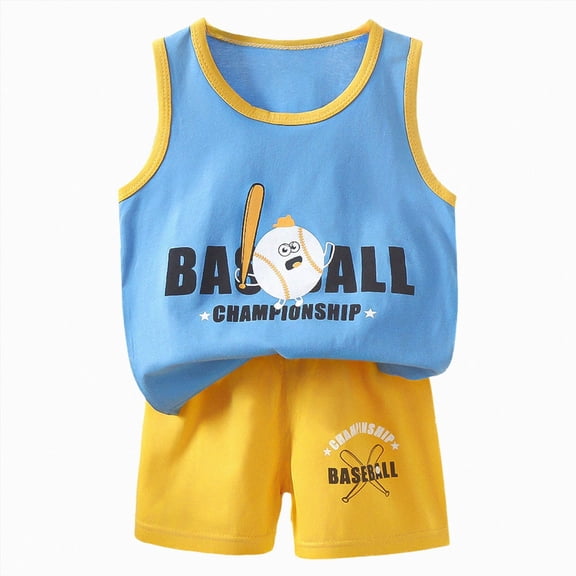 Toddler Baby Boy Summer Outfits Sports Outfit Baseball Championship Print Sleeveless Top Shorts Kids Athletic Wear