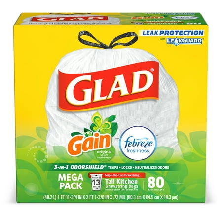 Glad Tall Kitchen Drawstring Trash Bags Odorshield 13 Gal White Bag Gain Original With Febreze Freshness 80 Ct