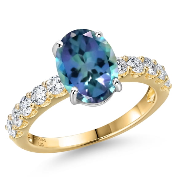 Gem Stone King 14K Two Tone Gold Millennium Blue Mystic Topaz and Lab Grown Diamond Engagement Ring for Women | 3.65 Cttw | Oval 10X8MM | Gemstone November Birthstone | Size 9