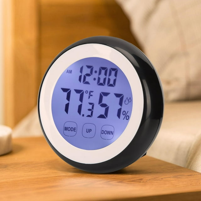 Multifunctional Touching Battery Powered Hygrometer, Alarm Clock, for Office Home Temperature Humidity Display Household Decor