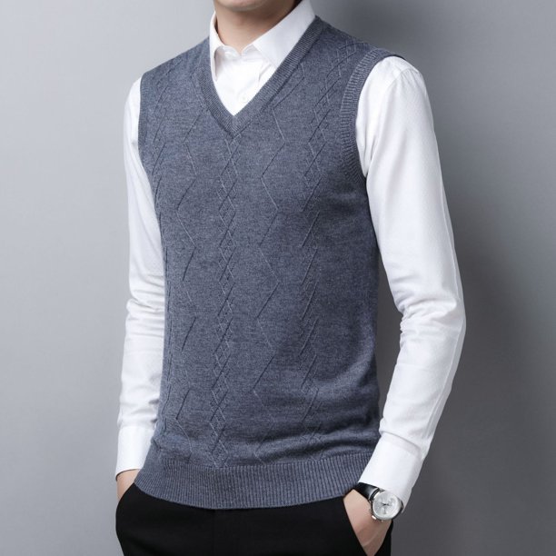 Suéter para hombre, juvenil, informal, holgado, con cuello en V, de lana, color liso, cálido