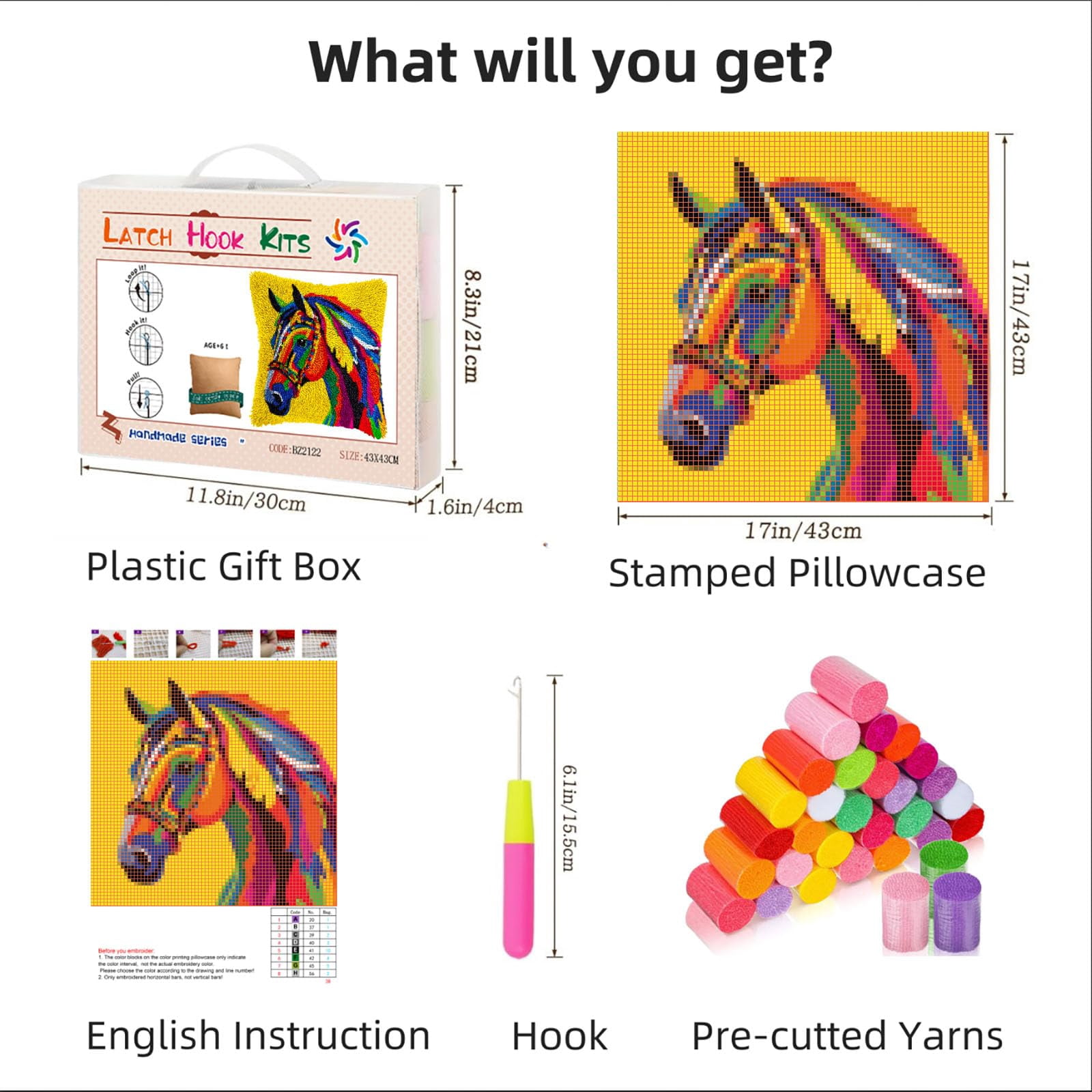 Colorful Horse DIY Latch Hook Pillow Kits for Adults Printed Pillowcase Crochet Yarns Hooking Handmade Pillow Cover Cushion for Home Sofa Decoration 17x17inch