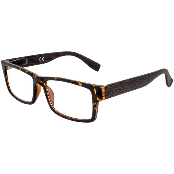 Global Vision Wood Premium Reader Glasses Polycarbonate Tortoise Frame with Simulated Woodgrain Dark Brown Temples Acrylic Clear Reading Lenses +3.0 Magnification Reading Glasses for Men Women