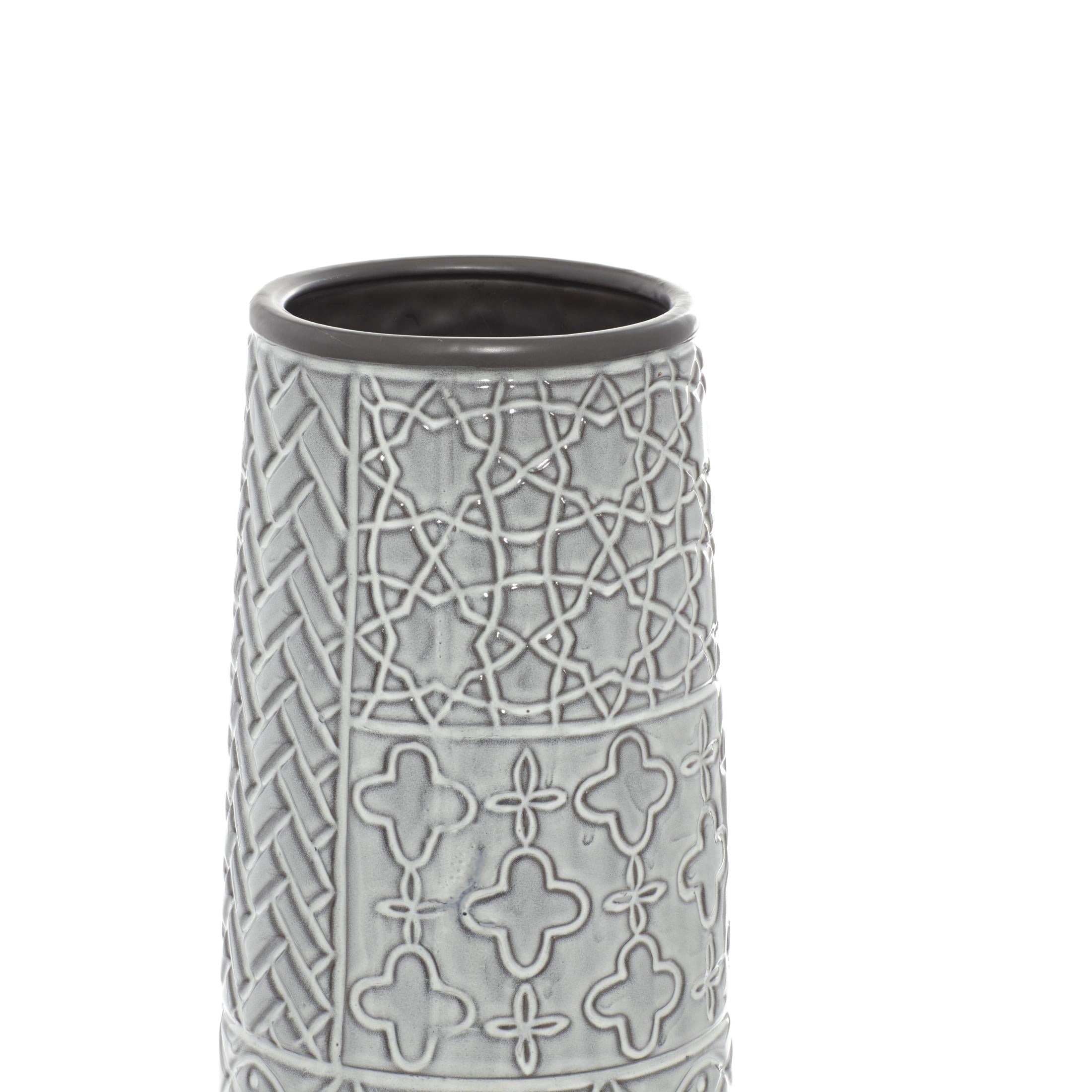 DecMode Gray Eclectic Ceramic Decorative Vase with Chevron, Scribbles, Curved Scales and Scrolling Vines Pattern, 7"W x 22"H