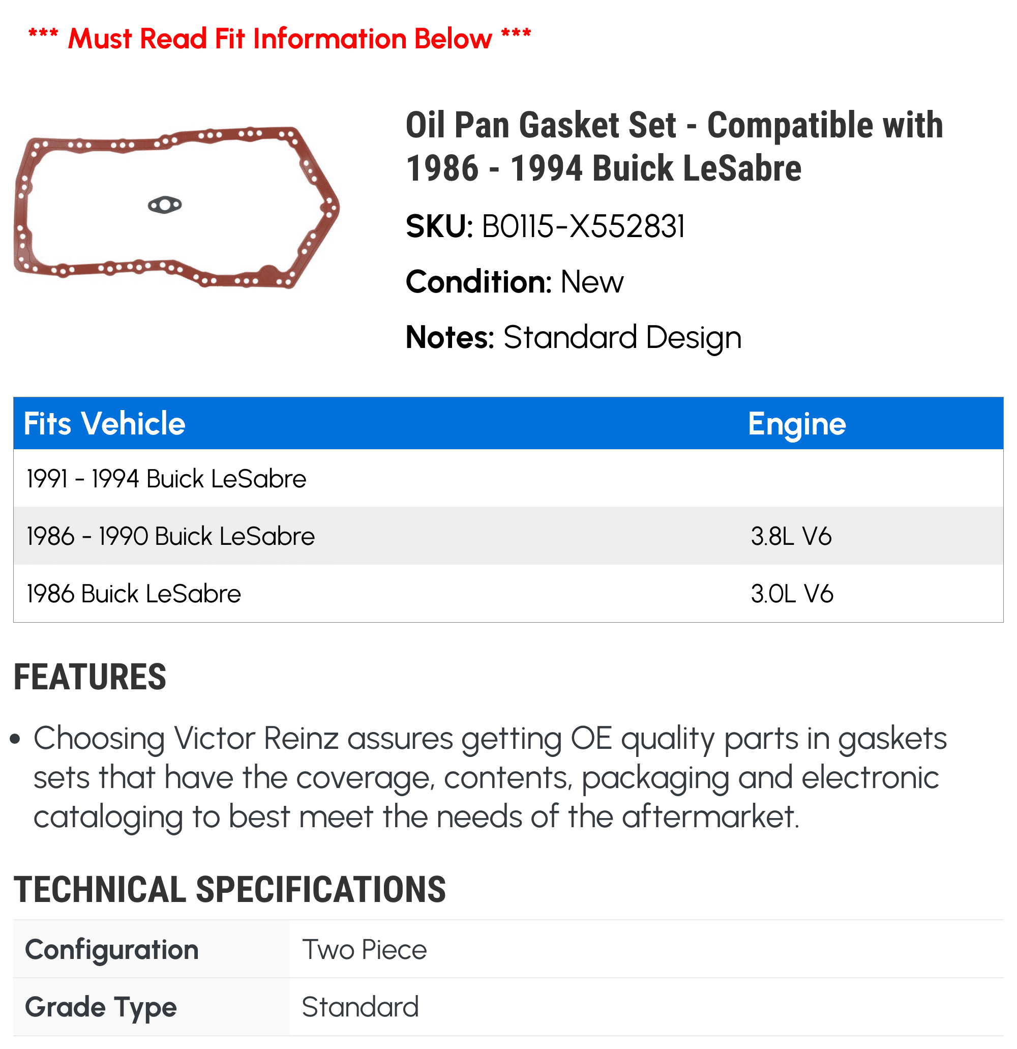 Oil Pan Gasket Set - Compatible with 1986 - 1994 Buick LeSabre 1987 1988 1989 1990 1991 1992 1993