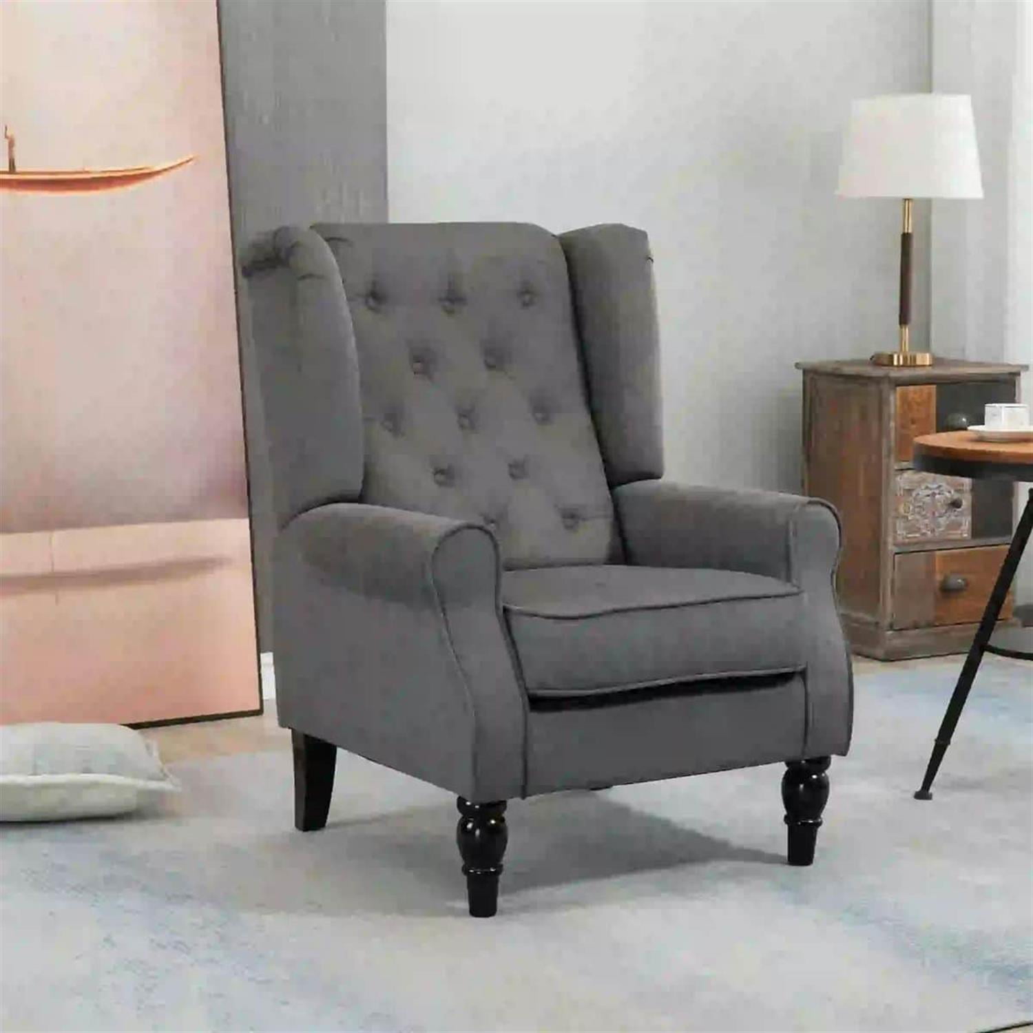 Demi Bonn 40" Modern Upholstered Armchair with High Back Button Tufted, Mid-Century Retro Wood Leg Chair for Living Room, Bedroom, Dark Gray