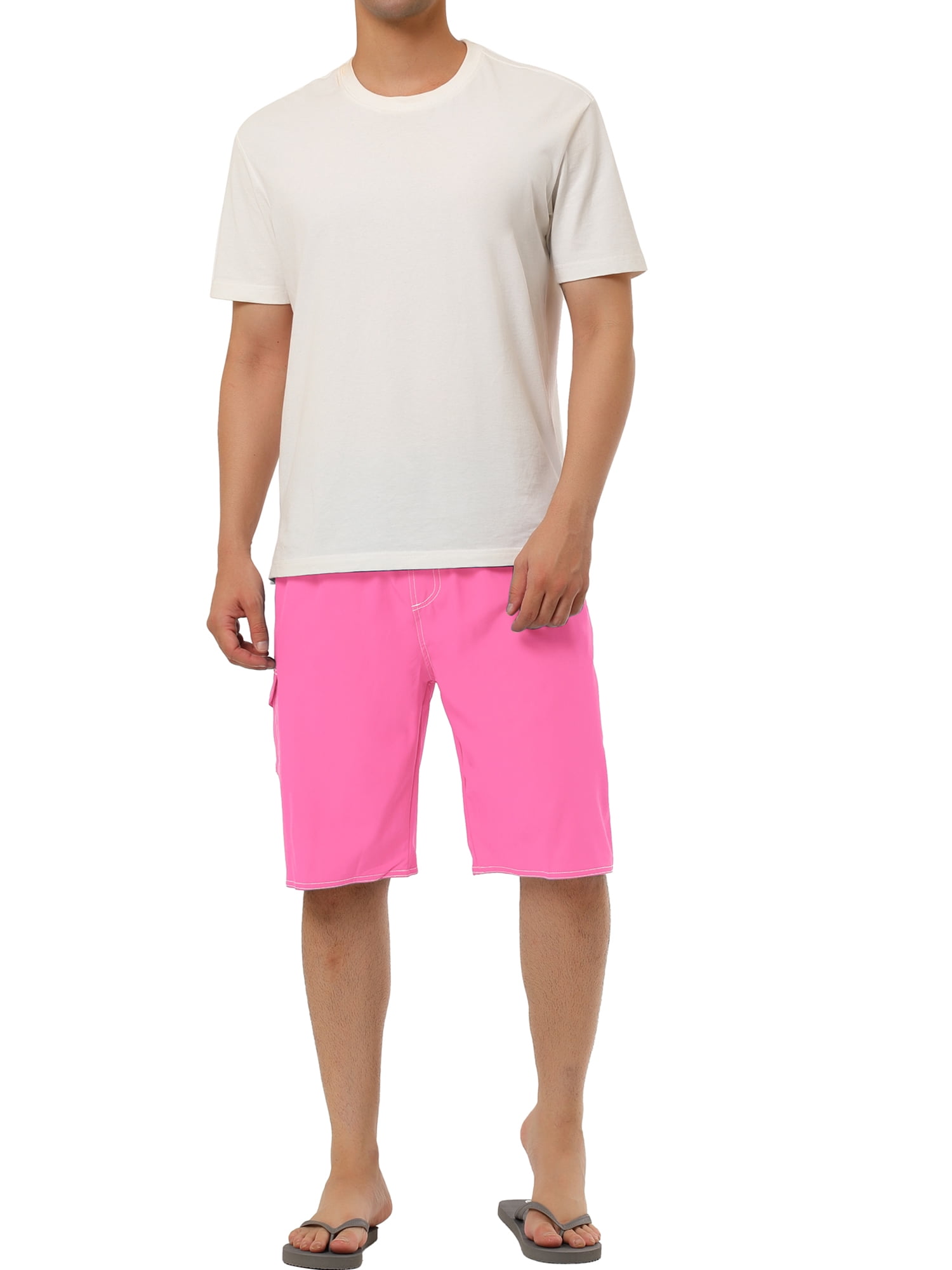 Unique Bargains Men's Summer Solid Drawstring Elastic Waist Beach Pool Board Shorts 30 Pink