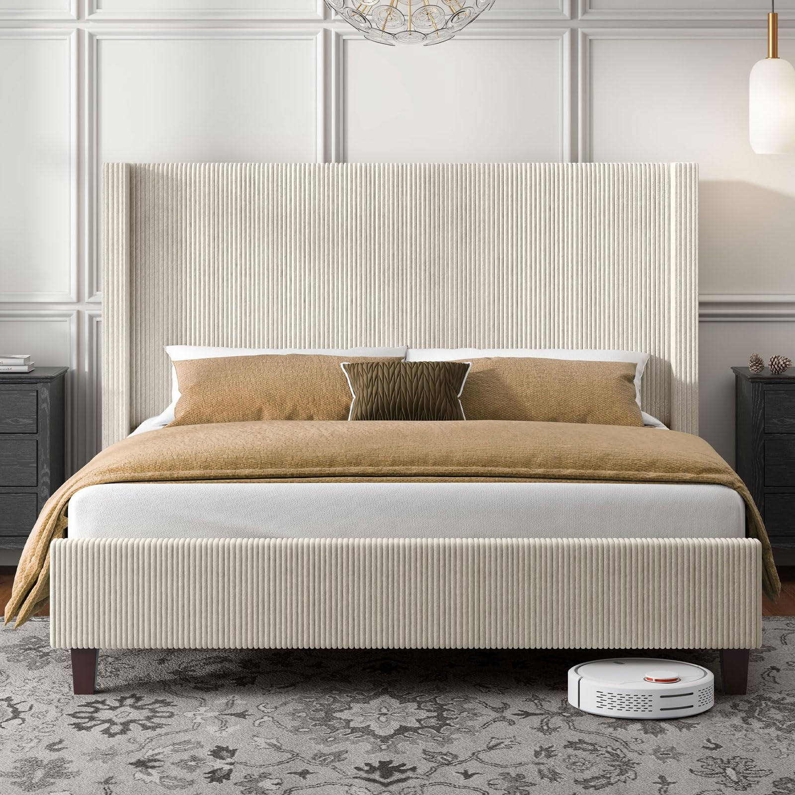 Papajet King Size Upholstered Platform Bed Frame, Wingback Bed with 50.8" Headboard, Corduroy Cream