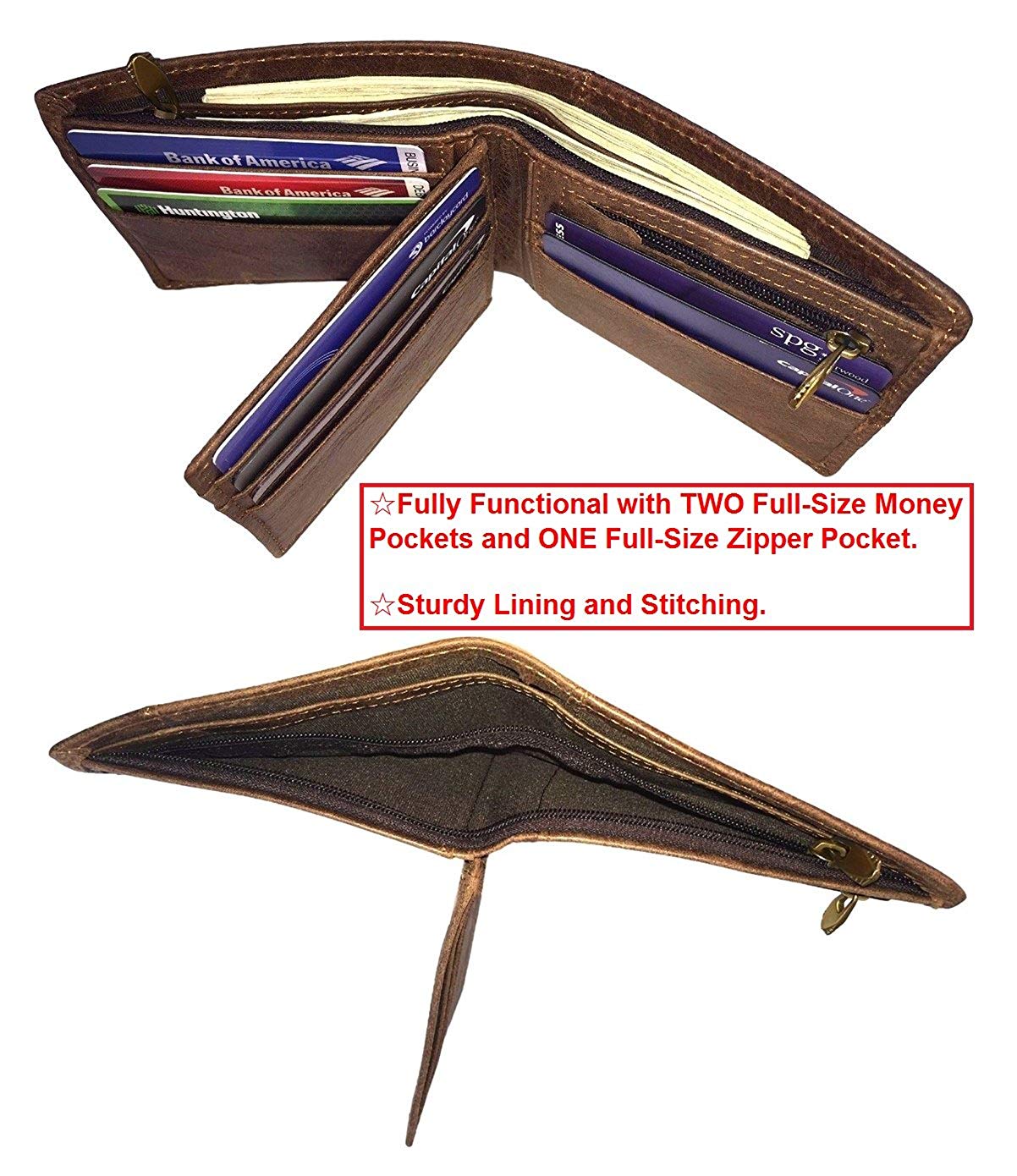 Wallets for women,genuine leather women wallets, Men's Classic Vintage Brown Genuine Premium Leather Handmade Bifold Zipper Card Wallet - image 3 of 7