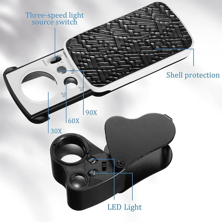 2 Pieces Jewelers Loupe 30X 60X 90X Illuminated Jewelers Eye Loupe Magnifier Jewelry Magnifying Glass Loop with UV Black Light and Bright LED Light