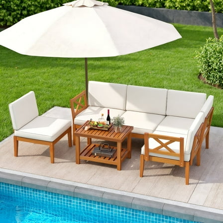 Resenkos Patio Furniture Sets,Outdoor & Patio Furniture Sets,6 Pieces Acacia Wood Patio Furniture Set with Cushions and 2-Tier Coffee Table-White